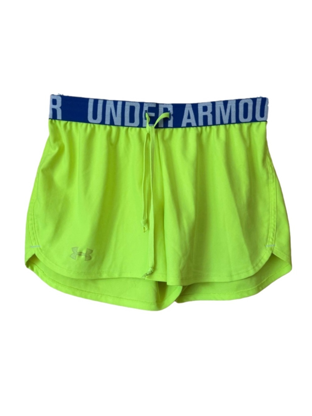 Under Armour Neon Yellow Women's Athletic Shorts with Blue Logo Waistband